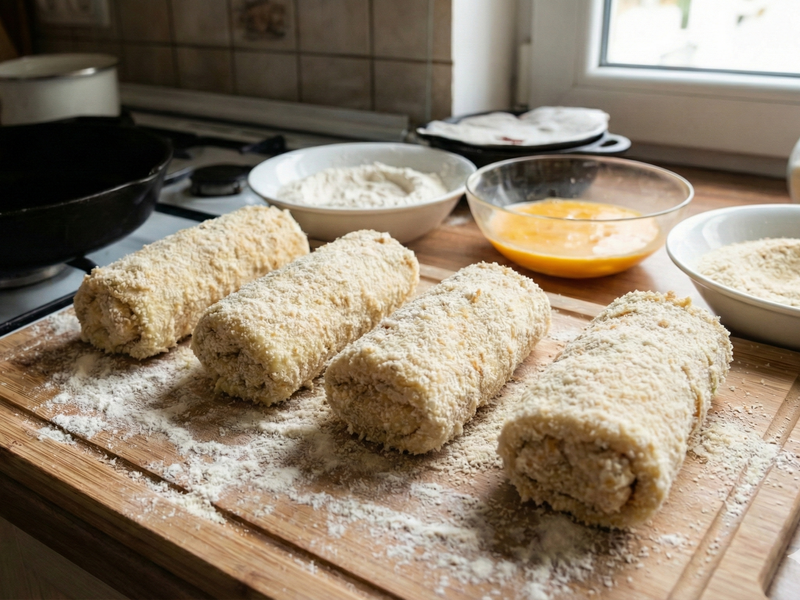 Rolled krokiety on a wooden board with flour and other ingredients in a kitchen setting. | Cook & Keeper - Krokiety