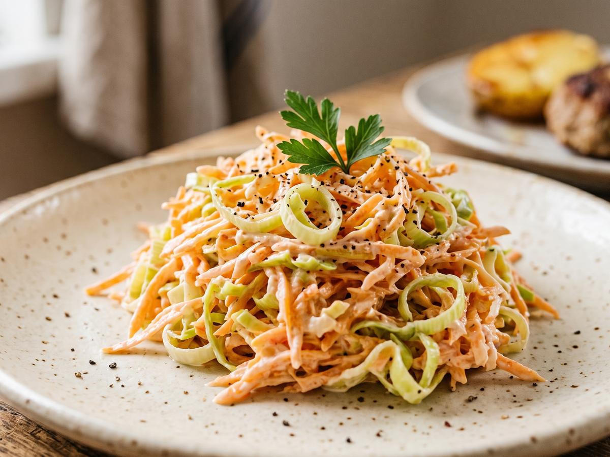 Colorful Leek and carrot salad on a speckled plate with a blurred background | Cook & Keeper - Surówka z Pora i Marchewki (Traditional Polish Leek & Carrot Salad)