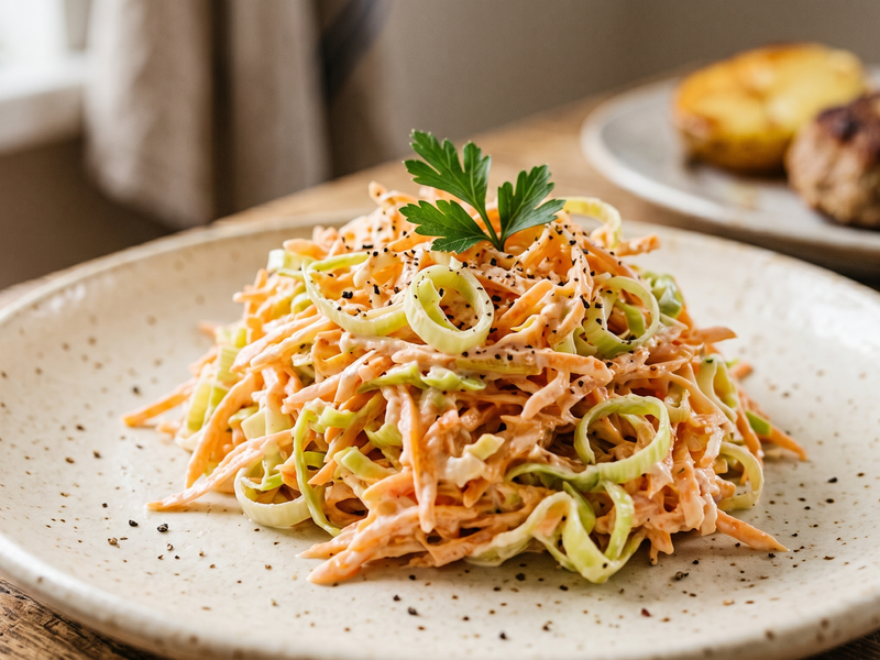 Colorful Leek and carrot salad on a speckled plate with a blurred background | Cook & Keeper - Surówka z Pora i Marchewki (Traditional Polish Leek & Carrot Salad)