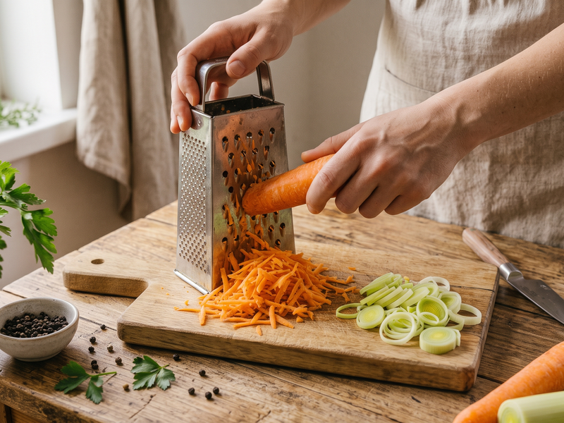 Person grating a carrot on a wooden board with a kitchen setting. | Cook & Keeper - Surówka z Pora i Marchewki (Traditional Polish Leek & Carrot Salad)