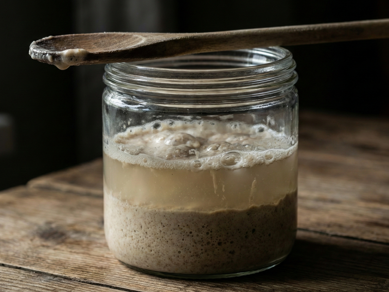 Glass jar with layered mixture and wooden spoon on a wooden surface | Cook & Keeper - Zakwas zytni