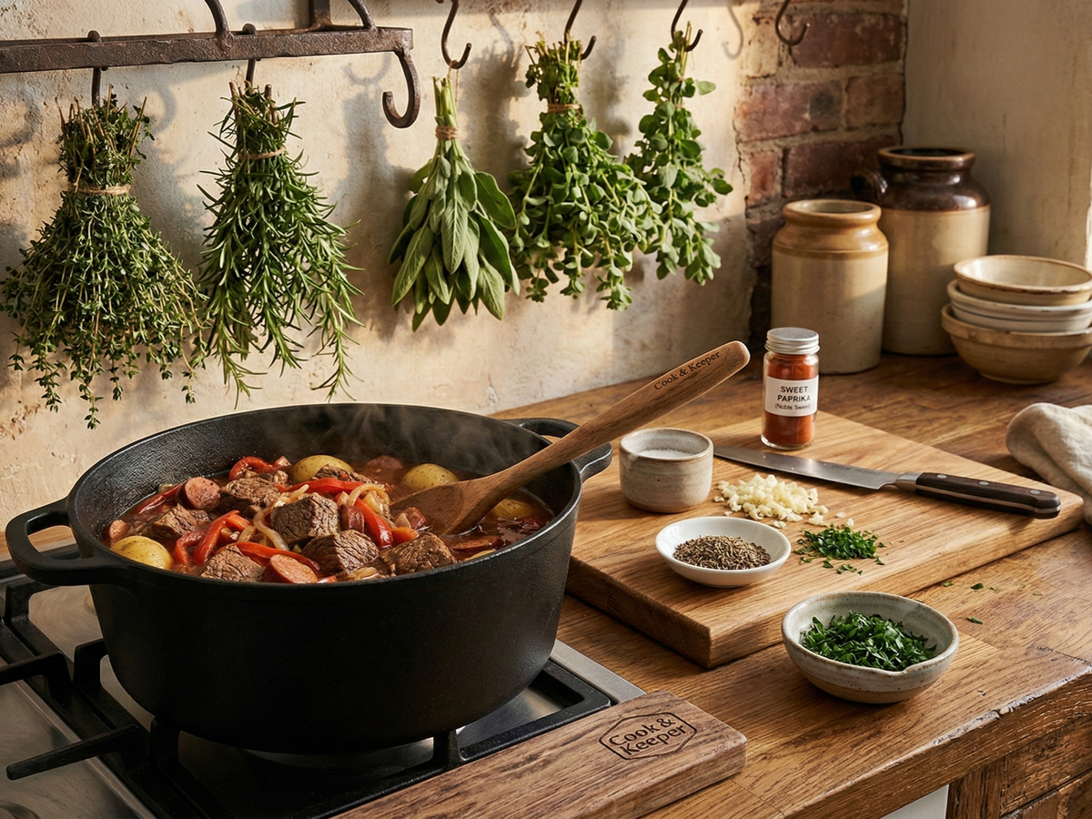 Cooking scene with a pot on a stove, wooden cutting board, and herbs hanging on the wall. | Cook & Keeper - zupa gulaszowa