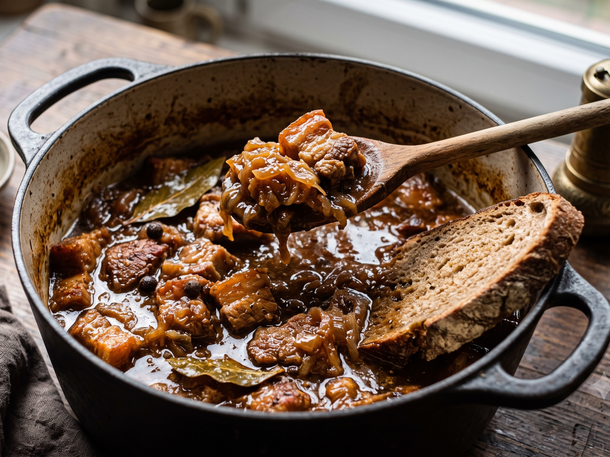 A close-up of a rustic cast iron Dutch oven filled with a rich, hearty stew or chowder containing chunks of meat, onions, and bay leaves, with a wooden spoon lifting a portion and a slice of thick bread resting on the side. | Cook & Keeper - Swiezynka