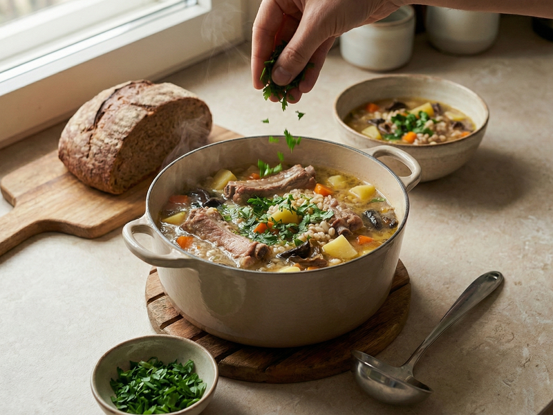 Hearty stew in a pot on a table with bread and herbs | Cook & Keeper - Krupnik