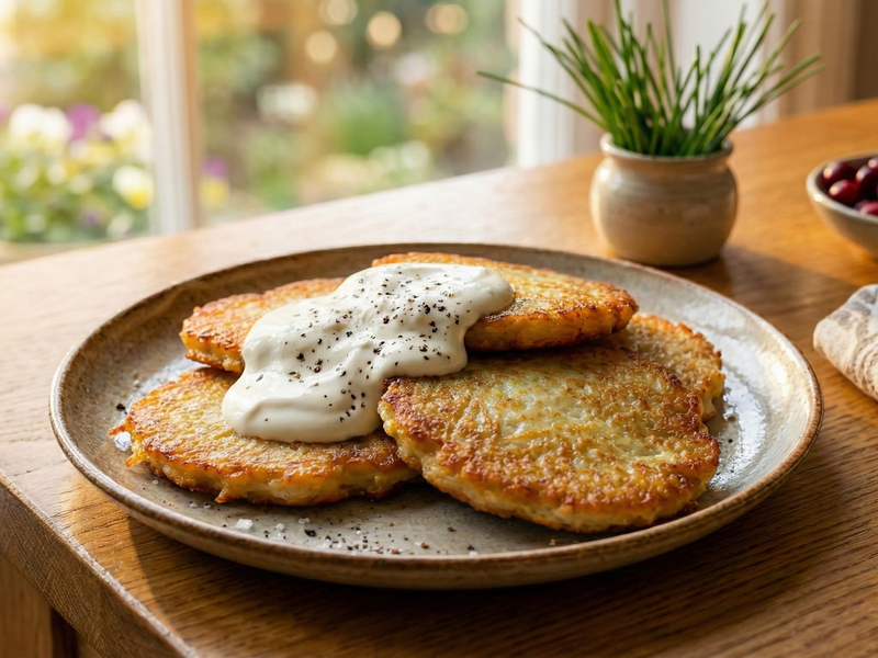 Plated dish of fried food with a creamy sauce on a wooden table. | Cook & Keeper - placki ziemniaczane