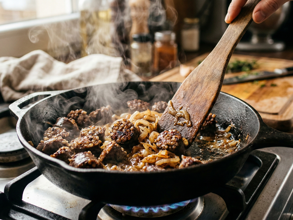 Sautéed onions and Kaszanka in a black cast iron skillet with a wooden spatula, steam rising.