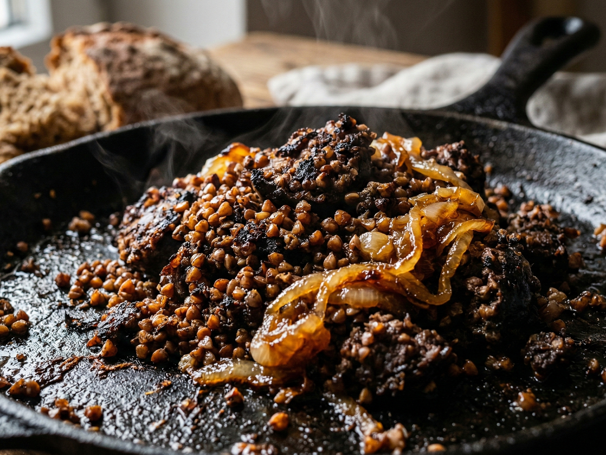 Fried Kaszanka with onions in a black cast iron skillet on a wooden surface.