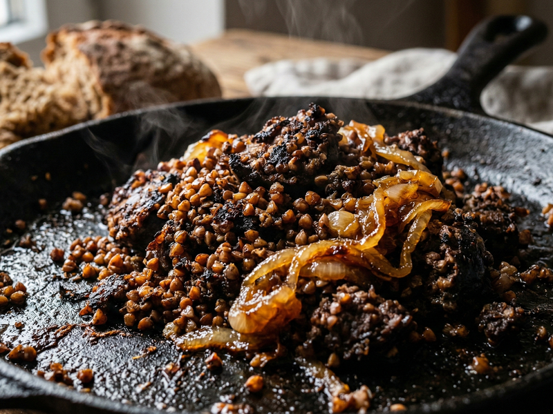 Fried Kaszanka with onions in a black cast iron skillet on a wooden surface.