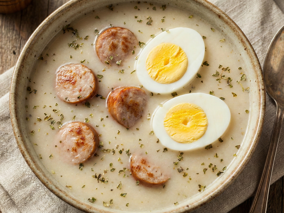 Bowl of soup with sliced eggs and sausages on a wooden table. | Cook & Keeper - Barszcz bialy