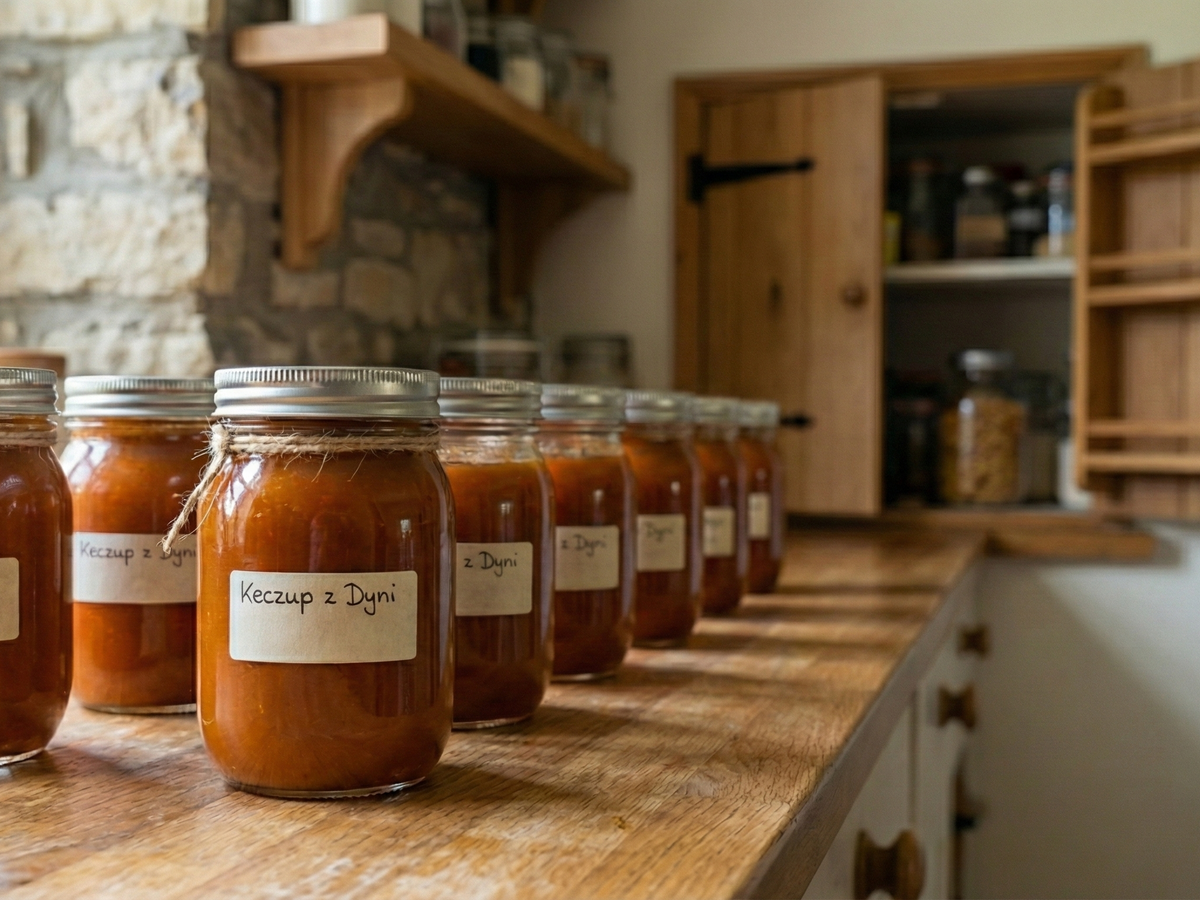 Jars of homemade pumpkin ketchup on a wooden counter with a rustic kitchen background. | Cook & Keeper - Pumpkin ketchup
