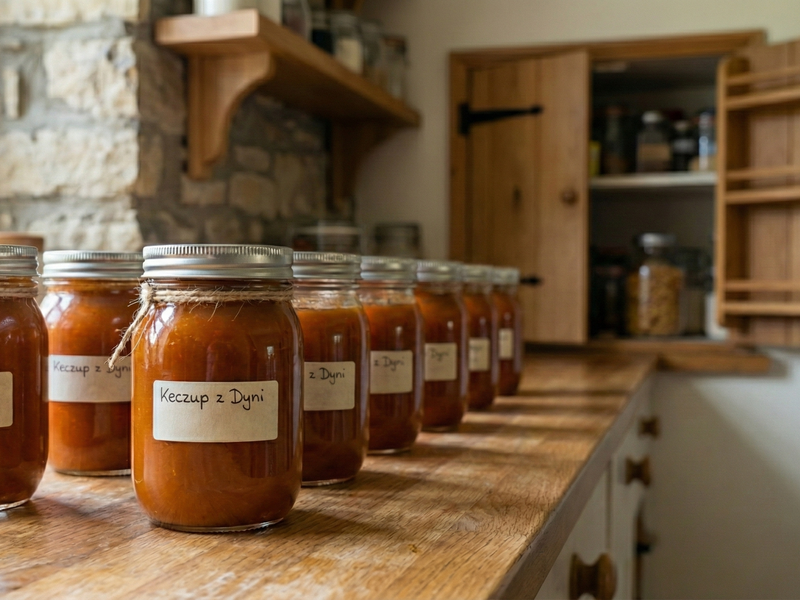 Jars of homemade pumpkin ketchup on a wooden counter with a rustic kitchen background. | Cook & Keeper - Pumpkin ketchup