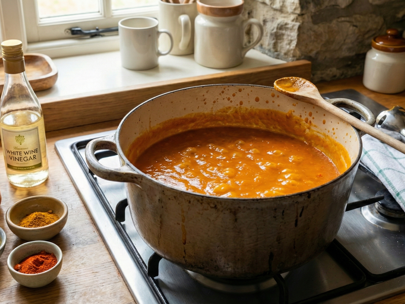 Pot of soup on a stove with ingredients and cups in the background | Cook & Keeper - Pumpkin ketchup