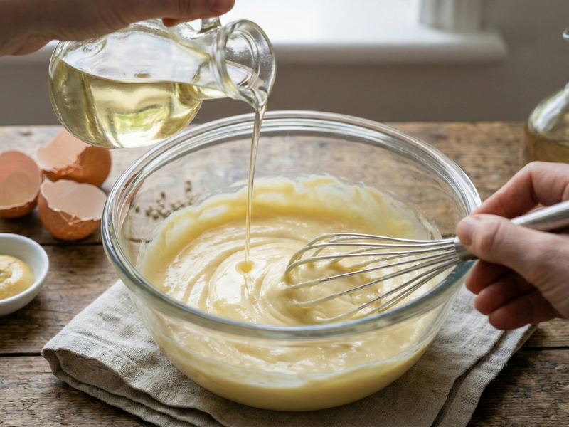 Person whisking a bowl of batter with oil being poured in, on a wooden surface. | Cook & Keeper - polish style mayo