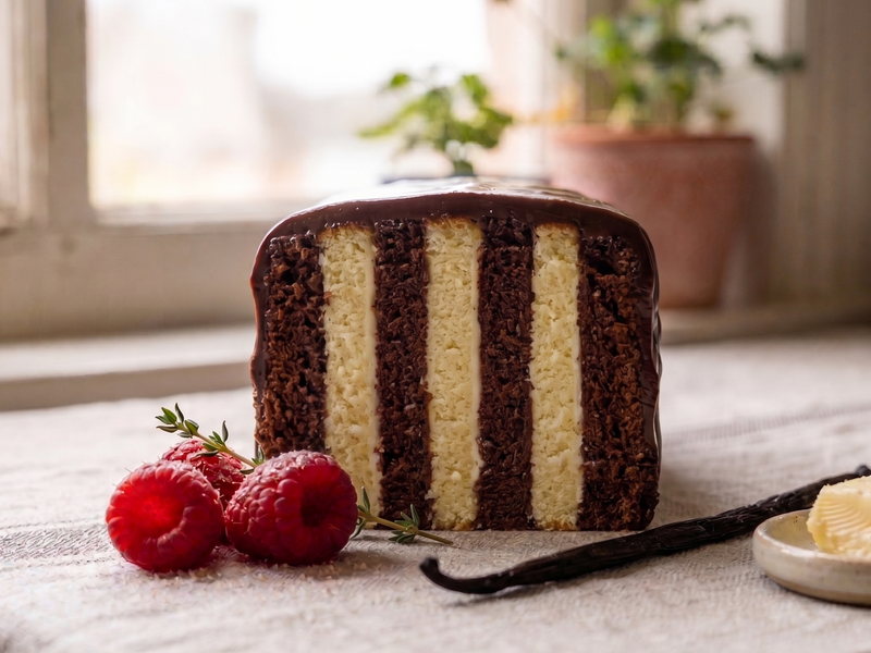 Striped cake with chocolate and vanilla layers on a table with raspberries | Cook & Keeper - Metrowiec