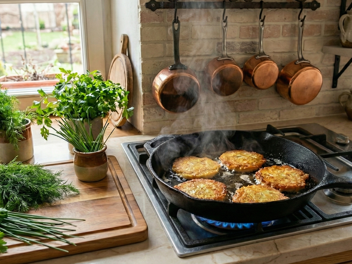 Frying pan with food on a stove in a kitchen setting | Cook & Keeper - placki ziemnaiczane