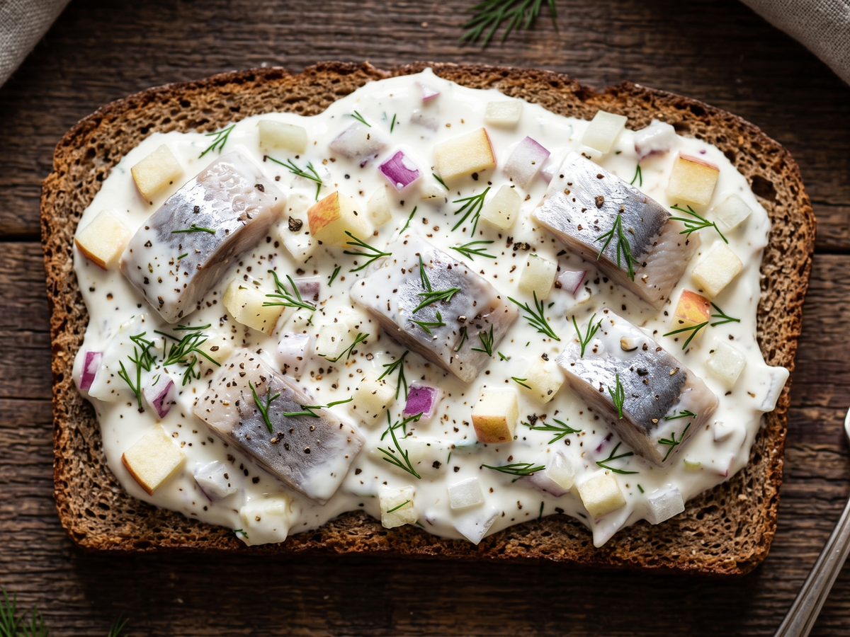 Top-down view of a thick slice of dark rye bread spread with a creamy white sauce containing cubed cheese, pieces of herrings, dill, and black pepper, set on a rustic dark wooden table. | Cook & Keeper - sledz w smietanie