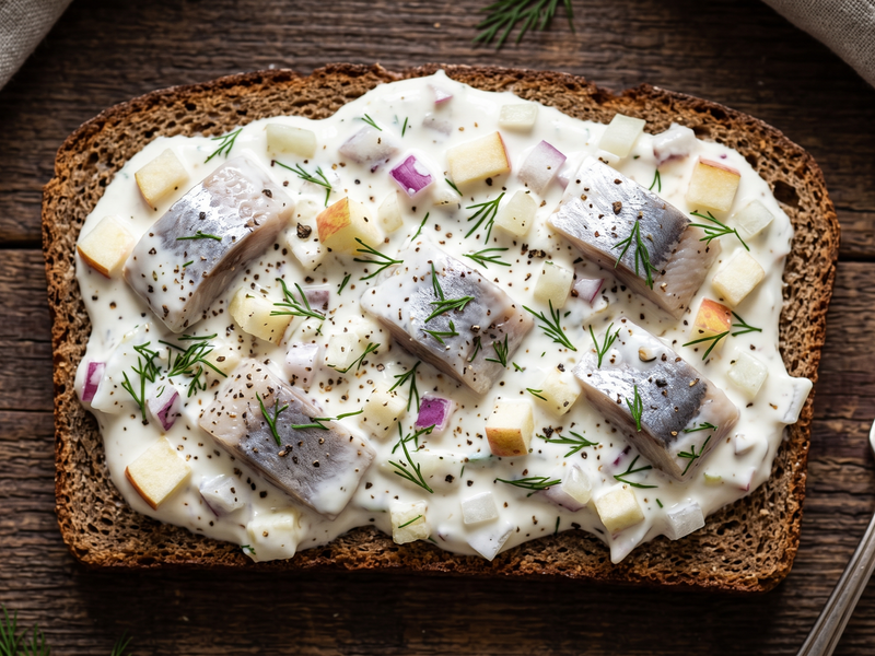 Top-down view of a thick slice of dark rye bread spread with a creamy white sauce containing cubed cheese, pieces of herrings, dill, and black pepper, set on a rustic dark wooden table. | Cook & Keeper - sledz w smietanie