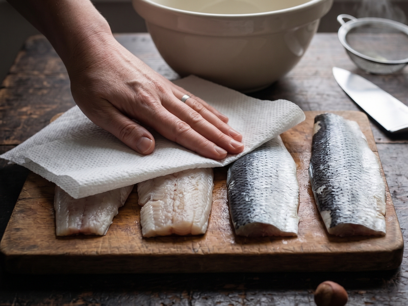 Four herring fillets on a wooden cutting board, with a hand patting them dry with a paper towel. A large bowl, a small strainer, and a knife are visible in the background on a rustic wooden table. | Cook & Keeper - sledzie w smietanie