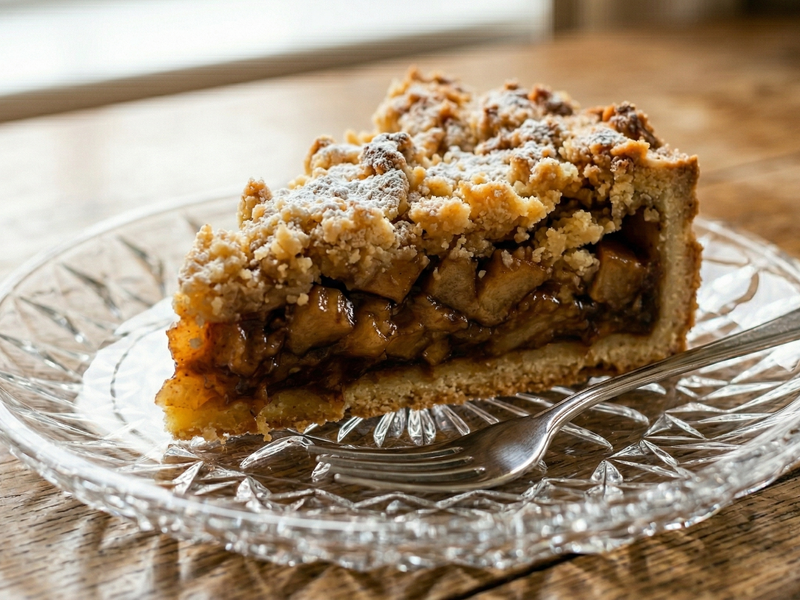 Slice of apple crumble pie on a glass plate with a fork, on a wooden table.
