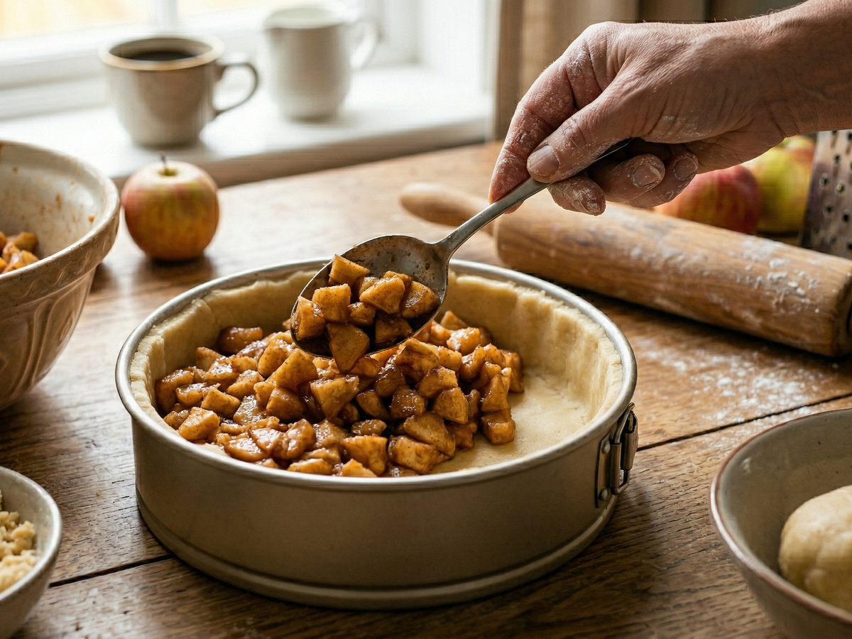 Person filling a pie crust with apple pie filling on a wooden table.
