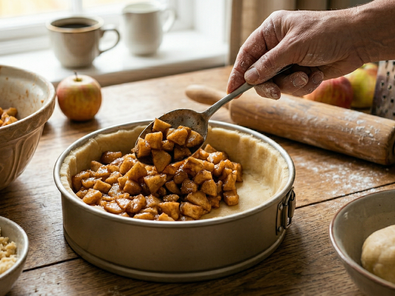 Person filling a pie crust with apple pie filling on a wooden table.