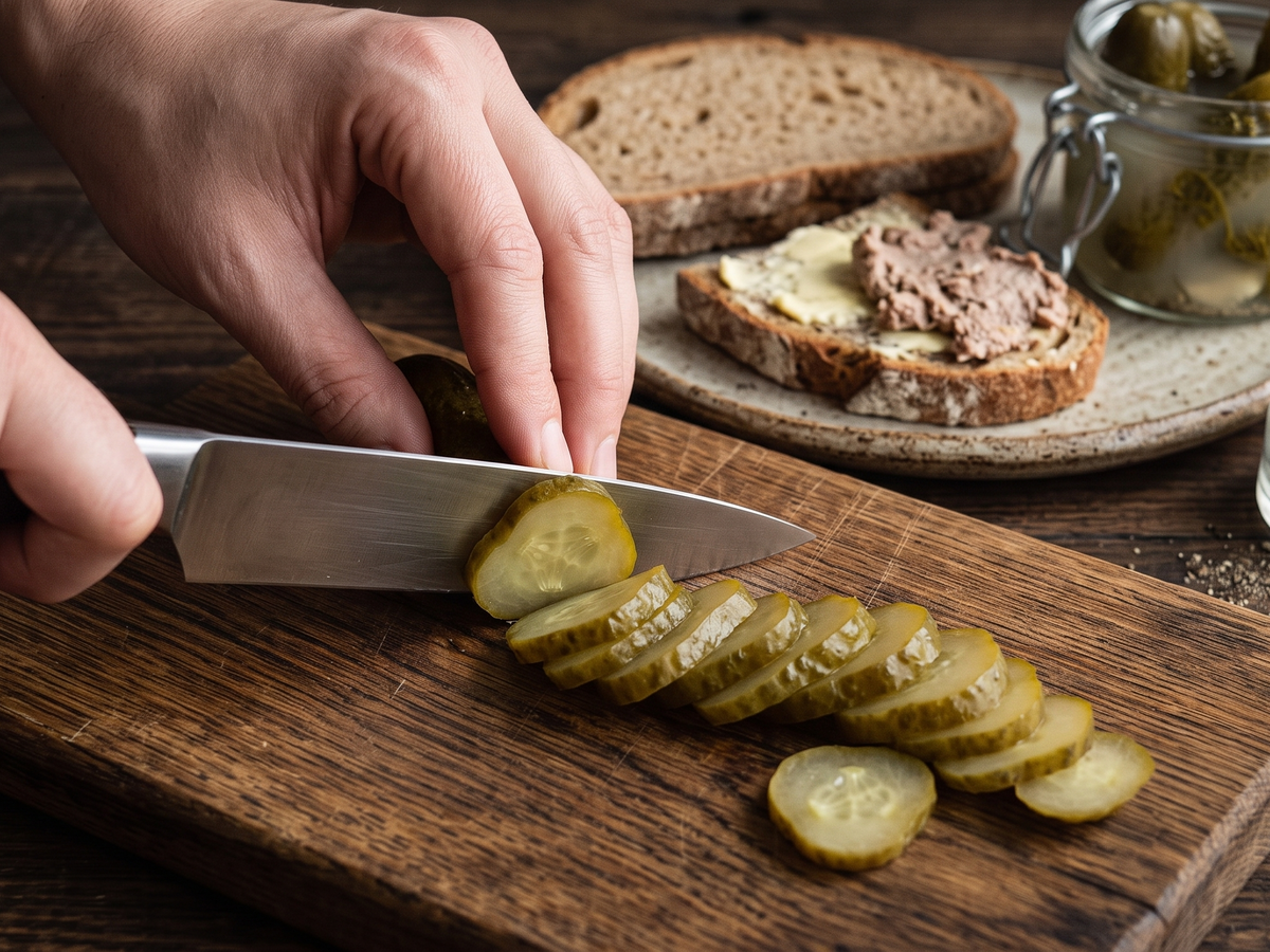 A close-up of hands slicing pickles on a wooden cutting board with a knife, with bread and a jar of pickles in the background on a dark wooden table. | Cook & Keeper - kanapki z pasztetem