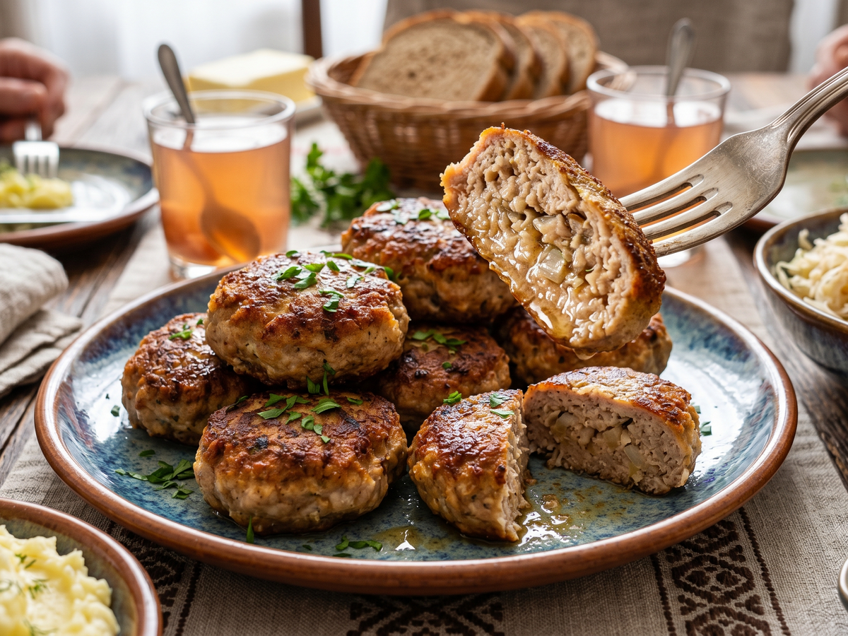 Platter of meat patties with one cut open on a table setting with bread and drinks.