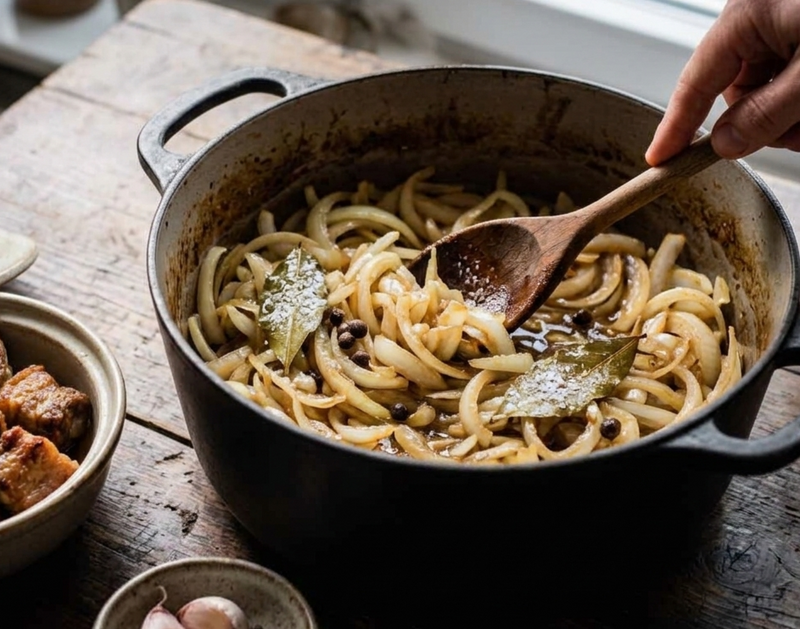 A close-up of a rustic black cast iron Dutch oven filled with sautéed onions and herbs, being stirred with a wooden spoon by a hand, set on a weathered wooden table. | Cook & Keeper - Swiezynka